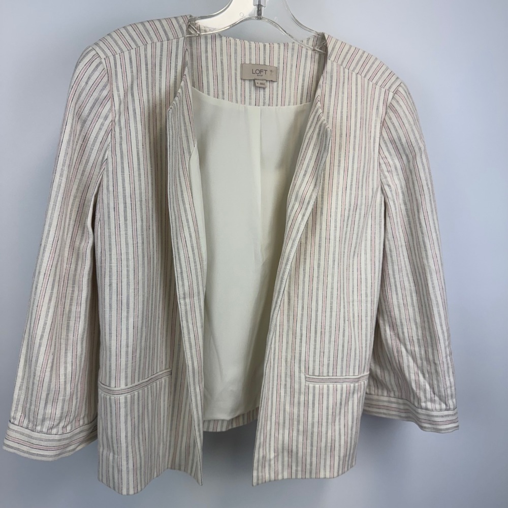 Loft Outlet Women Medium‎ Striped Linen Blend Open Front Blazer Tie Cuff Jacket